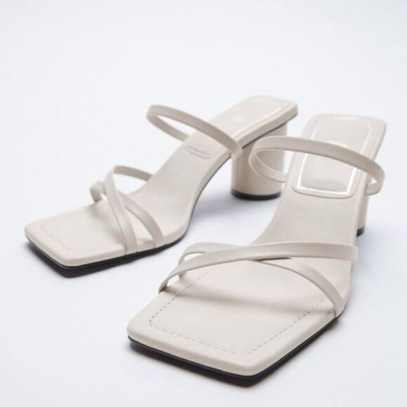 Zara neutral off white square toe round heel strappy sandals women’s shoe size 9 - Picture 1 of 12
